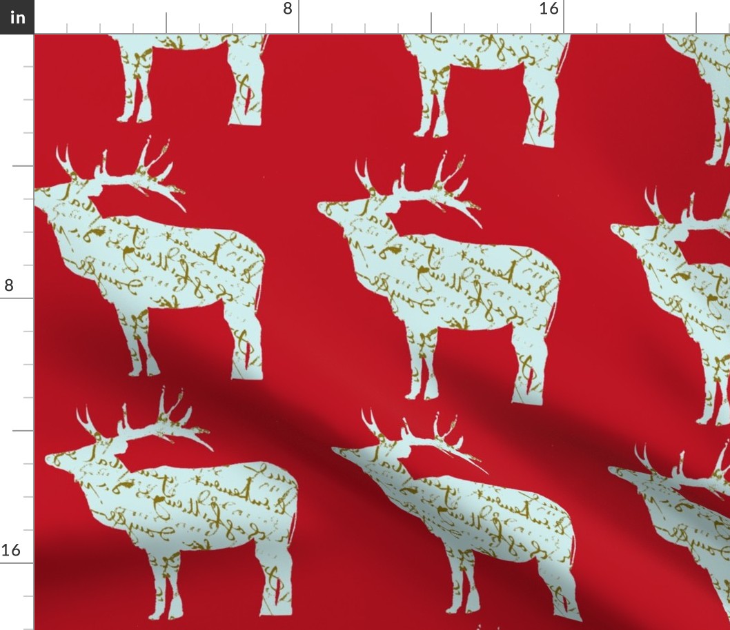 French Script reindeer on red