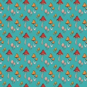 Classic Mushroom Woodland Forest Pattern - Blue Teal Background 