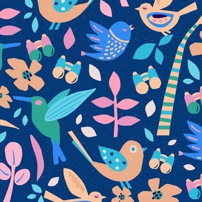 Blue Birding World  | Textured - Pink, Green, Orange | jumbo scale 24 x 24 ©designsbyroochita