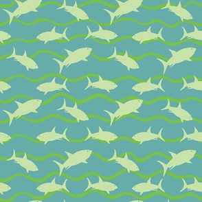 Sharks In The Waves Greens - Large Scale