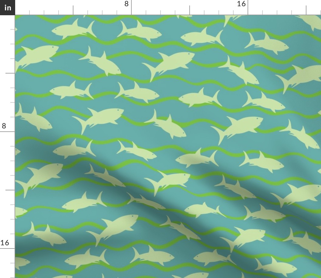 Sharks In The Waves Greens - Large Scale