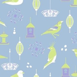 blue pastel green and lavender birds and bird feeders