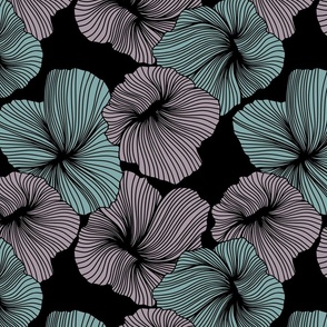 Bold Line Art Floral in Mauve and Seafoam on Black Background