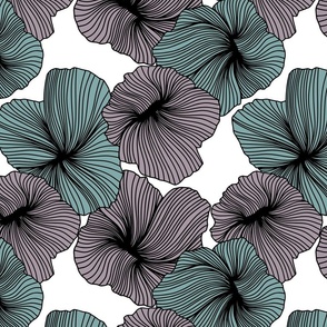 Bold Line Art Floral in Mauve and Seafoam on White Background