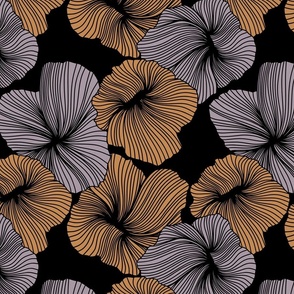 Bold Line Art Floral in Orange Spice and Mauve on Black Background