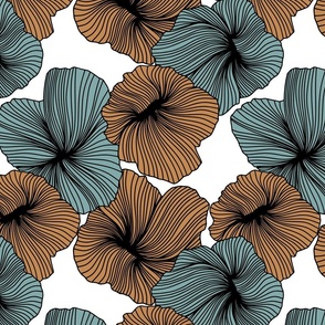 Bold Line Art Floral in Orange Spice and Seafoam on White Background
