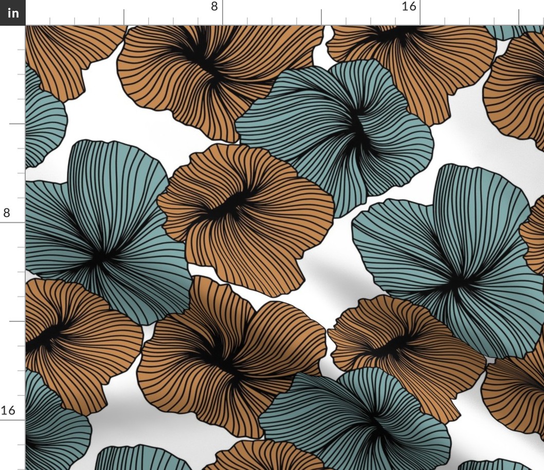 Bold Line Art Floral in Orange Spice and Seafoam on White Background