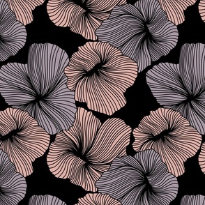 Bold Line Art Floral in Peachy and Mauve on Black Background