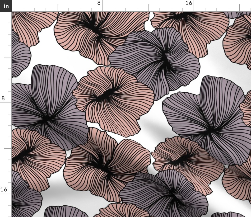 Bold Line Art Floral in Peachy and Mauve on White Background
