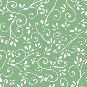 White Swirls and Fleur d Lis on Spring Green