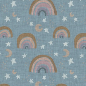 Pastel Rainbow Stars Moon: Woven Denim Blue Nursery Wallpaper & Fabric