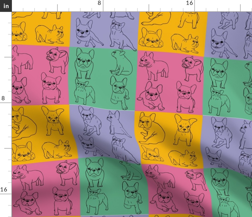 French bulldog colorful squares. Vibrant and colorful pattern with happy dogs.