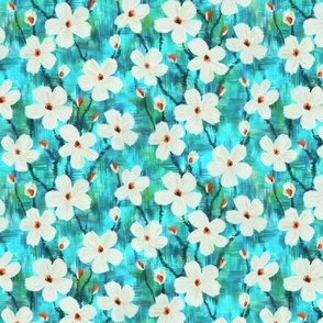 Messy Painted White Blooms on Bright Turquoise and Green - small scale