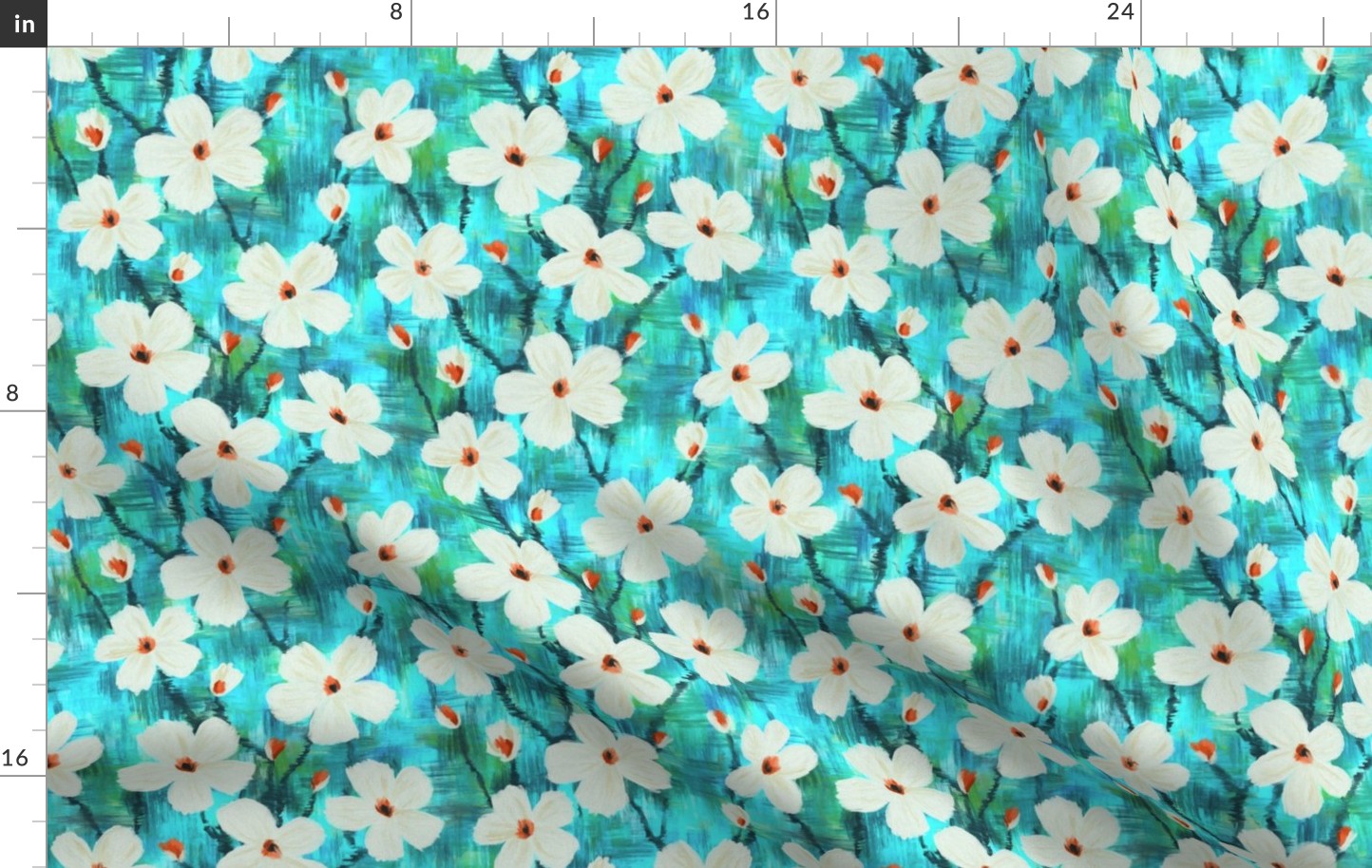 Messy Painted White Blooms on Bright Turquoise and Green - small scale