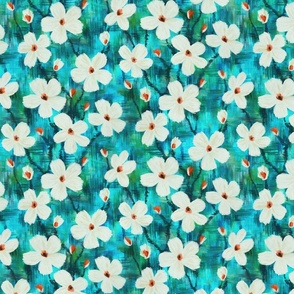 Messy Painted White Blooms on Turquoise and Green - small scale