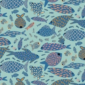 Patterned Fish in the sea - blue with orange accents