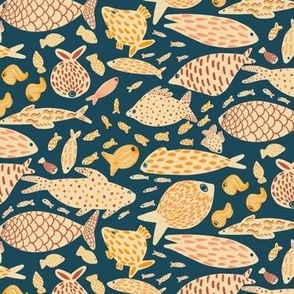Patterned Fish in the sea - dark blue and beige, red, yellow