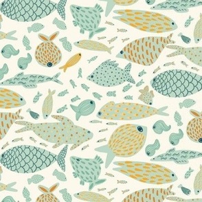 Patterned Fish in the sea - light mint with orange