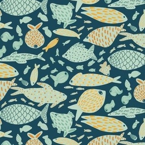Patterned Fish in the sea - Dark Blue with orange accents