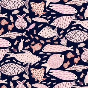 Patterned Fish in the sea - Dark Blue and pink