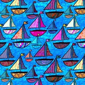 Whimsical sailing boats on the sea multicoloured small