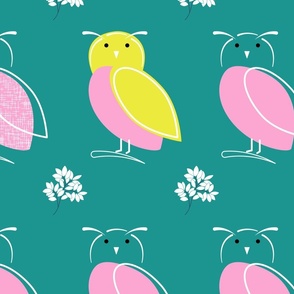 Medium - Barn Owl in Turquoise, Yellow-Lime Green, and Blush Pink