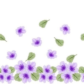 Jacaranda Blossoms- border stripe with lavender tone blossoms and green leaves on a white background.
