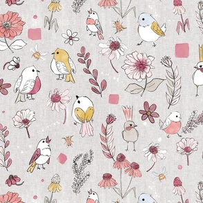 Birds on a Picnic-pinks on gray linen (large scale)