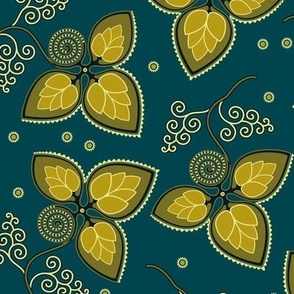 Abstract leaves of grapes, Yellow-green on a dark turquoise background