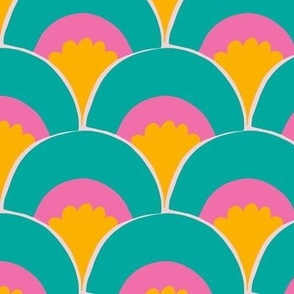 Loose hand drawn scallops teal pink and gold on blush