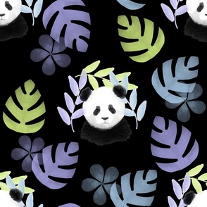 Honeydew, Lilac, and Sky Blue Panda Pattern on Black (large)