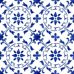 Traditional Italian tiles. Dark blue watercolor. Azulejo traditional. 