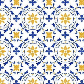 Azulejos tile Yellow and Blue vintage flowers  Watercolor. 