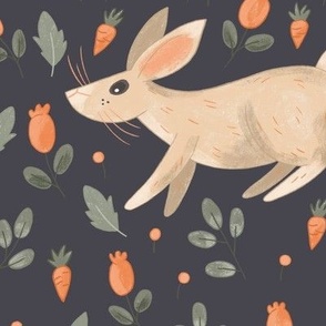 Rabbits in dark black with small orange flowers and carrots