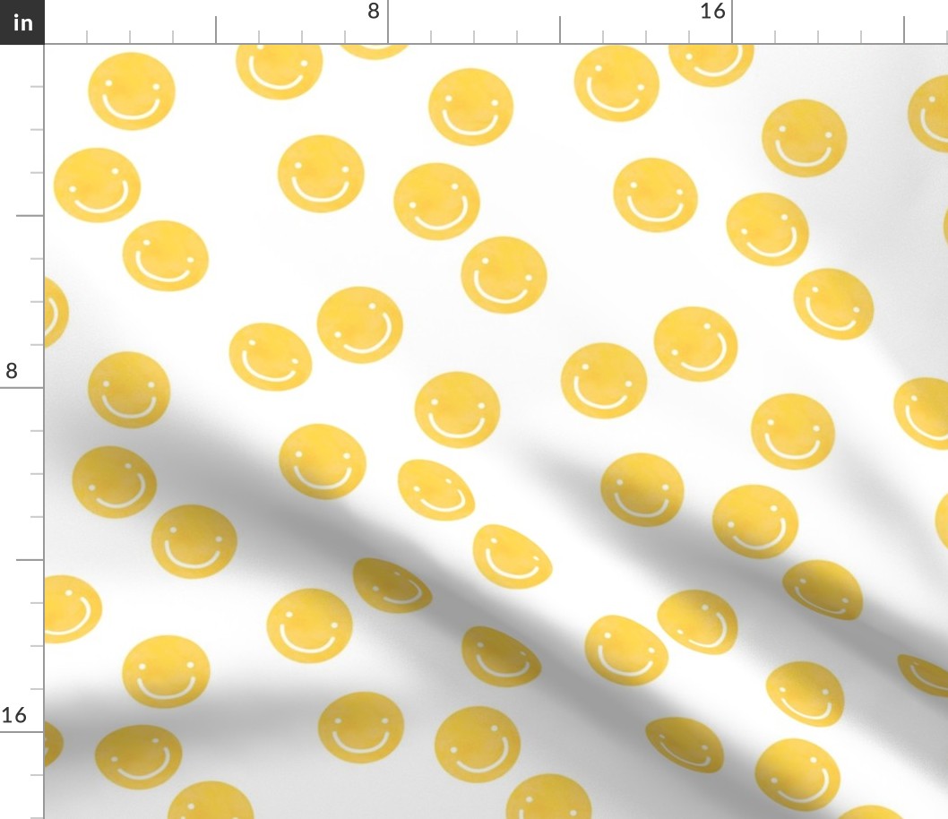 Seventies vibes watercolor smileys - happy day nineties revival trend design bright yellow on white