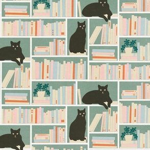 Bookshelf with cats | sage background pink, orange, Blue  and white books, deep-brown  cats and green plants 
