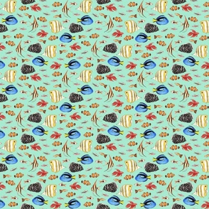 Tropical Fish on spotty aqua background - small scale