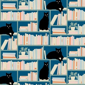 Bookshelf with cats | blue background pink, orange and cream books, black cats and green plants 