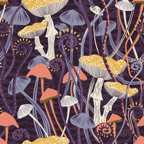 Mushrooms & Ferns tangle | forest cabin woodland wallpaper | eggplant purple, golden mustard yellow, coral / peach, cream, lilac | jumbo