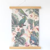 Vintage jungle parrots and french toile foliage - pale pink - jumbo