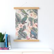 Vintage jungle parrots and french toile foliage - pale pink - jumbo