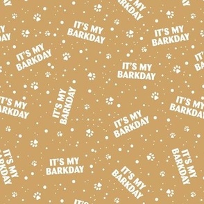 It's my barkday - happy birthday dogs and paws design confetti party white on mustard yellow
