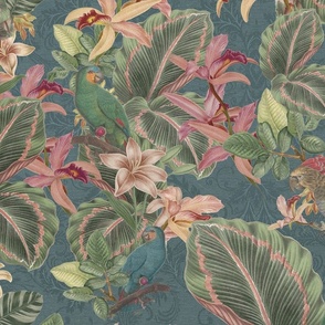 Vintage jungle parrots and french toile foliage - teal green