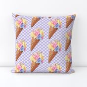 Vintage Rainbow Ice Cream Cone - Purple Checkered BG