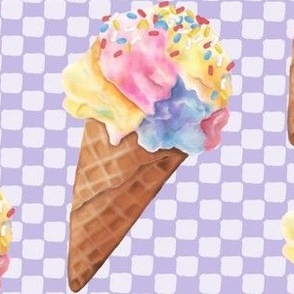Vintage Rainbow Ice Cream Cone - Purple Checkered BG