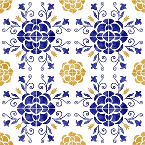 Azulejos tile Yellow and Blue vintage flowers.  Watercolor Portuguese kitchen tile. 