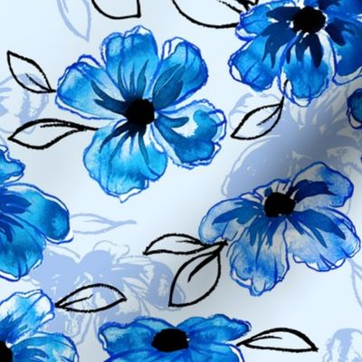 Hand Painted Flowers in Bold Blues (Large Scale)