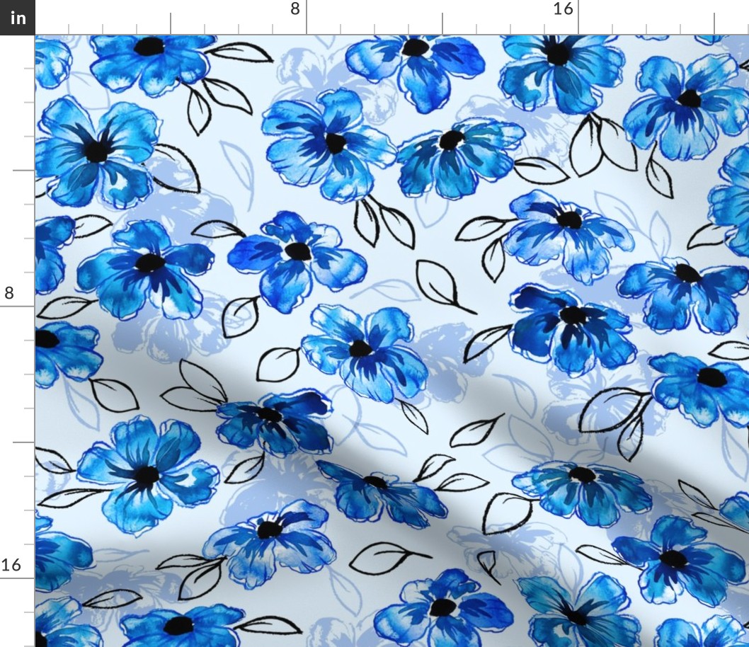 Hand Painted Flowers in Bold Blues (Large Scale)