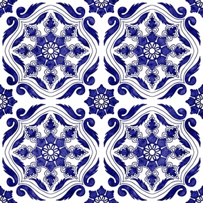 Portuguese tiles. Dark blue watercolor. Azulejo traditional. 