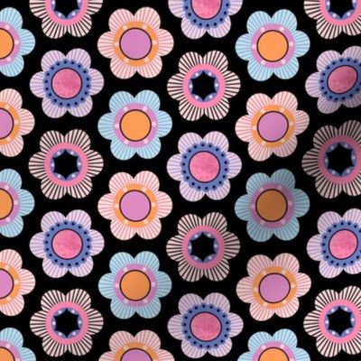 colorful geometric flowers on a black background    
